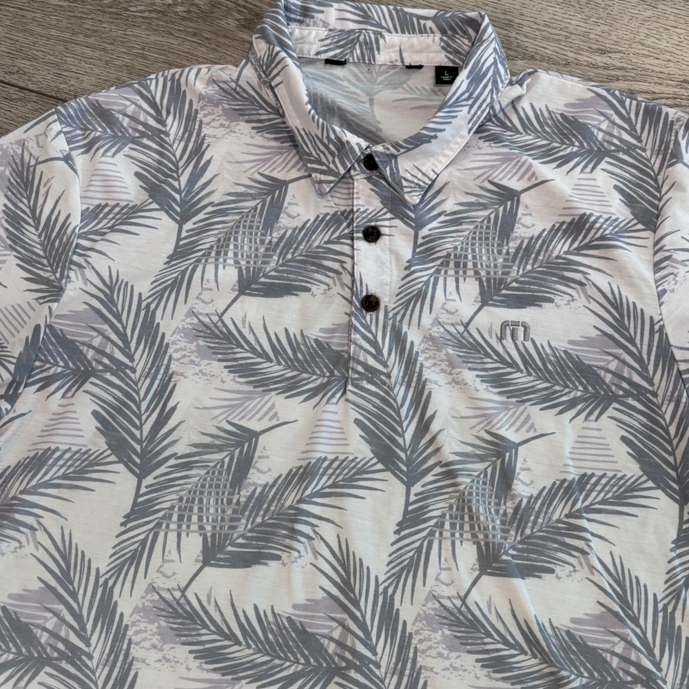 Travis Mathew Golf‎ Polo Shirt Mens Large Gray Tropical Palm Leaf Print Pattern